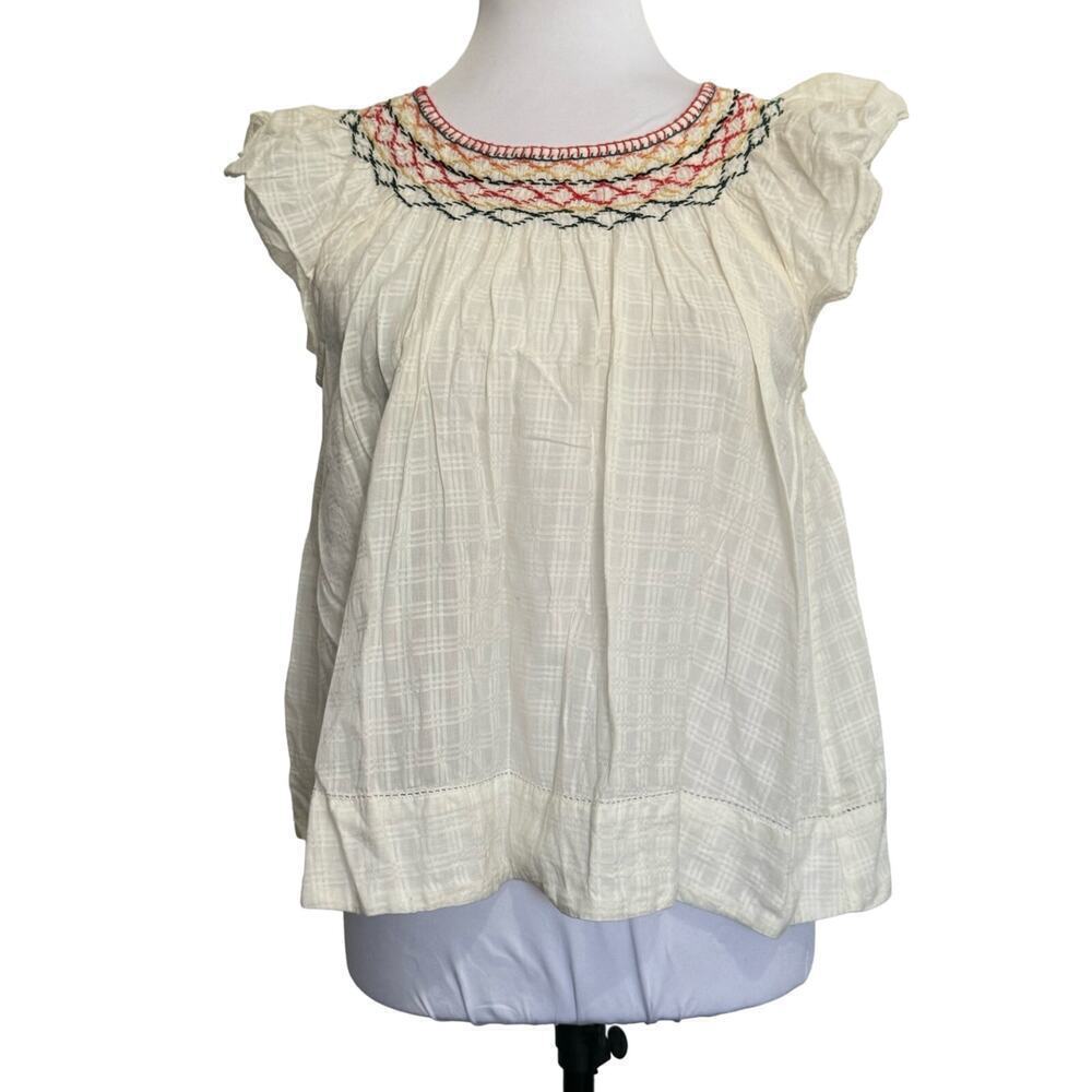 THE GREAT. Cream Smocked Peasant Blouse with Multi-Color Embroidery